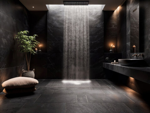 Chuveiro amplo em um banheiro elegante e minimalista. A atmosfera escura e intimista convida ao relaxamento e &agrave; introspec&ccedil;&atilde;o, proporcionando uma experi&ecirc;ncia de spa em casa