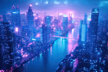 cityscape in neopn lights at night, skyscrapers with river flowing through the center, blue and pink colors, aerial view, photorealistic