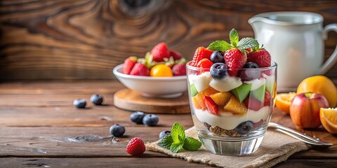 Obraz premium Refreshing Fruit and Yogurt Parfait with Granola and Fresh Mint on a Rustic Wooden Table