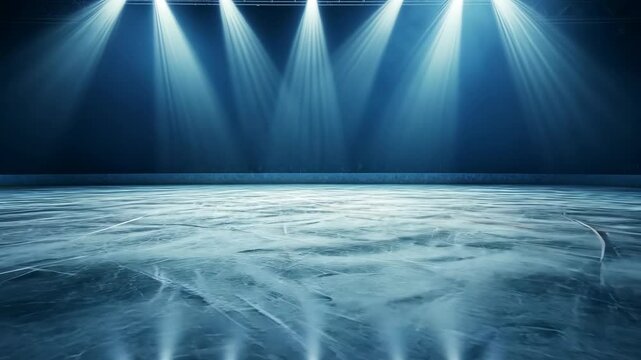 A frozen ice rink is illuminated by bright spotlights in preparation for a performance