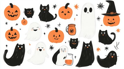Cute Halloween illustrations featuring pumpkins, ghosts, and black cats.