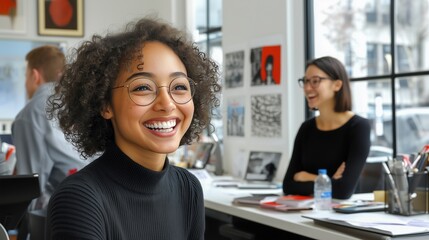 Smiling young professional woman with curly hair and glasses sitting in a creative office environment, collaborating with colleagues, surrounded by modern artwork and design elements