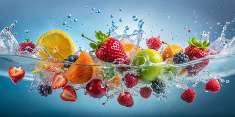 A vibrant collection of fresh fruits splashing into a cool blue water, creating a lively and refreshing scene