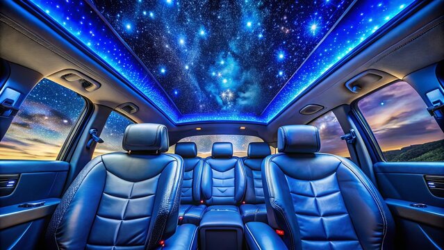 A futuristic car interior with a starry night sky ceiling and plush blue leather seats.
