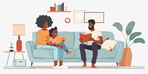 A family sitting together on a cozy couch in their living room, quietly reading books or watching a calm movie