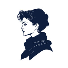 Vector graphic showing a side silhouette of an attractive woman with short hair in a dark blue scarf on a white background, minimalistic design with simple lines