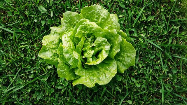 A head of lettuce growing in a patch of grass