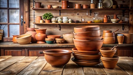 A rustic wooden table with a stack of clay bowls, surrounded by other pottery and wooden shelves in the background.