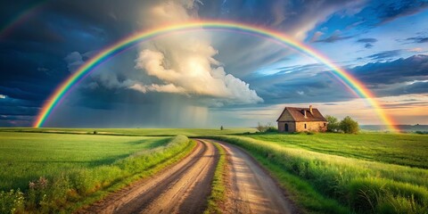 Naklejka premium A solitary farmhouse sits on a grassy field with a winding dirt road leading to the horizon, all framed by a vibrant rainbow that arcs across a dramatic sky.
