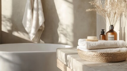 Serene bathroom scene with towels, plants, and natural light.