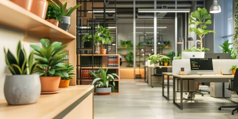 A modern office space with several potted plants on desks and shelves, adding a touch of greenery