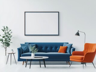 Modern Living Room with a Blue Accent Wall and Orange Furniture