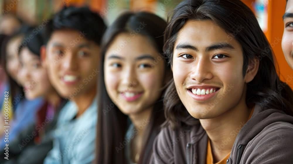 Poster A diverse group of teenagers sits together, smiling and engaging in lively conversation at a school event. The setting is bright and friendly, creating an inviting atmosphere.