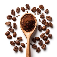 Wooden spoon filled with coffee bean flakes, surrounded by artistically arranged coffee beans
