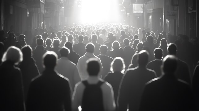 Silhouettes of a crowd of people walking towards bright light, symbolic of hope, faith, and the future