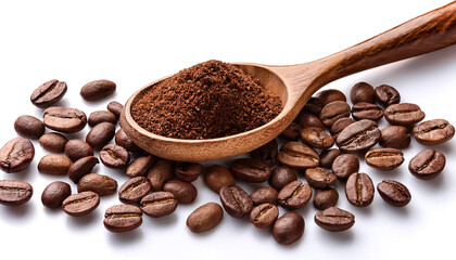 Fototapeta premium Wooden spoon filled with coffee bean flakes, surrounded by artistically arranged coffee beans