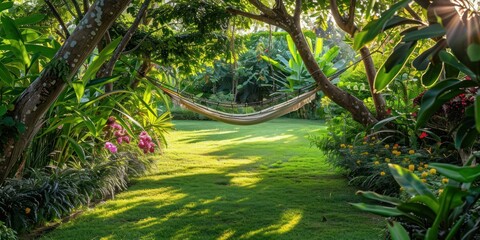 A peaceful garden with a hammock strung between two trees, surrounded by lush greenery and blooming plants