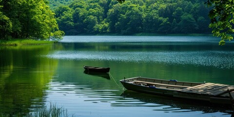 A peaceful lake with a small wooden dock, surrounded by lush green forest, and a lone rowboat...