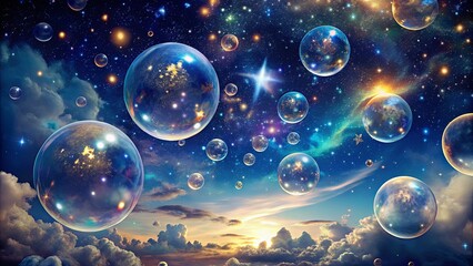 Naklejka premium A celestial dreamscape of iridescent bubbles filled with stars and galaxies, floating amidst a breathtaking expanse of cosmic clouds and a vibrant sunrise.