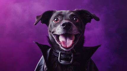 Obraz premium Black dog with a playful expression against a purple background.