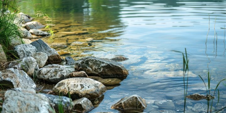 A peaceful lake with smooth rocks along the shore, and a gentle breeze creating ripples on the water's surface