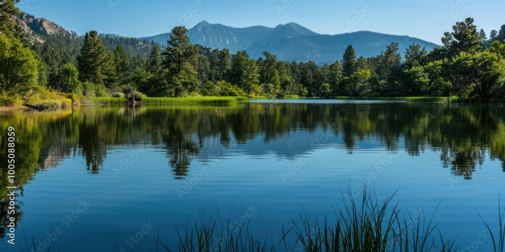 Poster a peaceful lake with still water reflecting the surrounding trees and mountains, creating a serene a