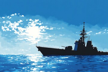Fototapeta premium Silhouette of a Warship Against a Blue Sky