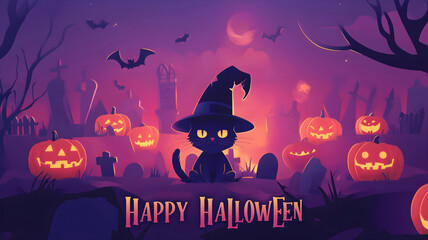 Happy Halloween heading, spooky creatures, typical Halloween elements, pumpkins, candles etc. Cool design for your Halloween party invitation, greeting cards, banner, wallpapers, poster etc.