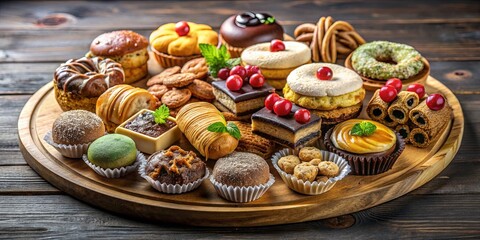 A colorful assortment of delectable treats arranged on a wooden platter, including sweet pastries, decadent cakes, and tempting chocolate delights.