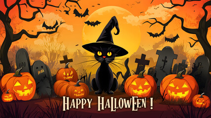 Happy Halloween heading, spooky creatures, typical Halloween elements, pumpkins, candles etc. Cool design for your Halloween party invitation, greeting cards, banner, wallpapers, poster etc.