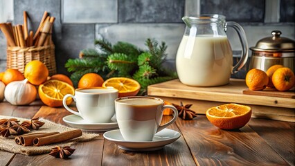 A warm cup of coffee with cream, a slice of orange and cinnamon sticks on a rustic wooden table