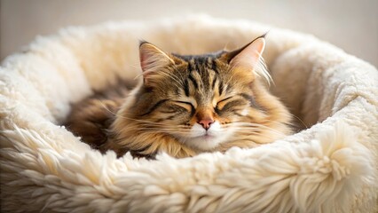 Obraz premium A tabby cat with closed eyes, peacefully sleeping in a fluffy bed, its soft fur blending with the white bedding.