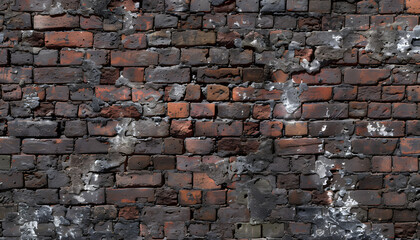 A weathered brick wall with a mix of dark and red bricks, showcasing peeling paint and a textured surface, adding character to any setting.