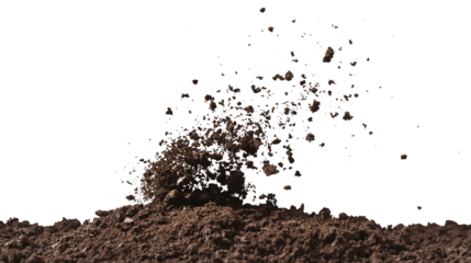 flying dirt, soil pile scattered isolated on transparent white background, clipping path