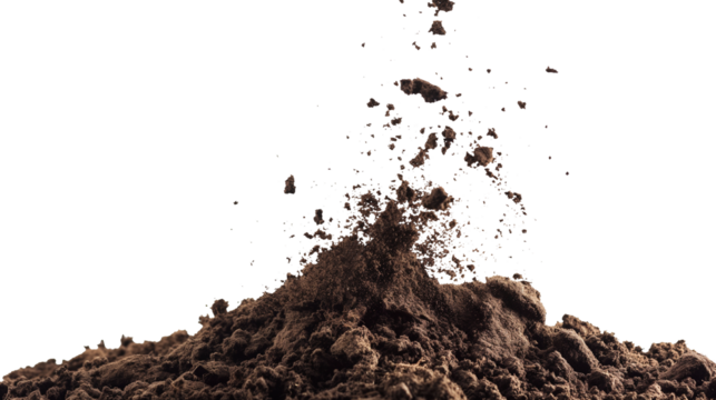 flying dirt, soil pile scattered isolated on transparent white background, clipping path
