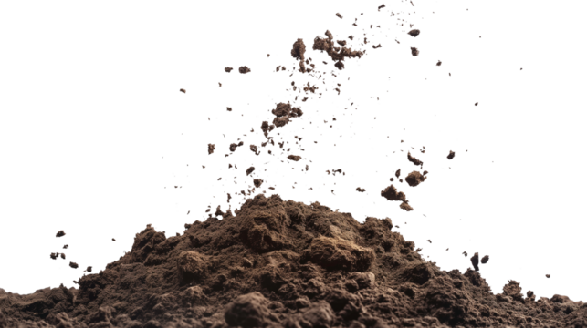 flying dirt, soil pile scattered isolated on transparent white background, clipping path