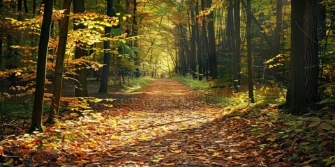 Obraz premium A peaceful path through a quiet forest, with golden leaves covering the ground and sunlight breaking through the canopy