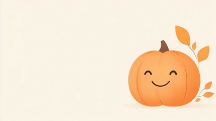 Smiling pumpkin with leaves on a beige background.