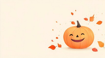 Smiling pumpkin with autumn leaves.