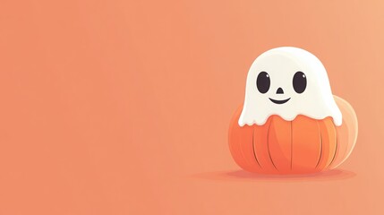 Obraz premium A cute ghost sits on a pumpkin, perfect for Halloween.