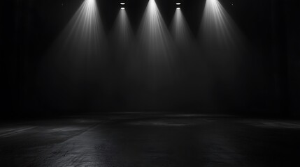 Obraz premium Four spotlights shining in dark room with spotlight effect