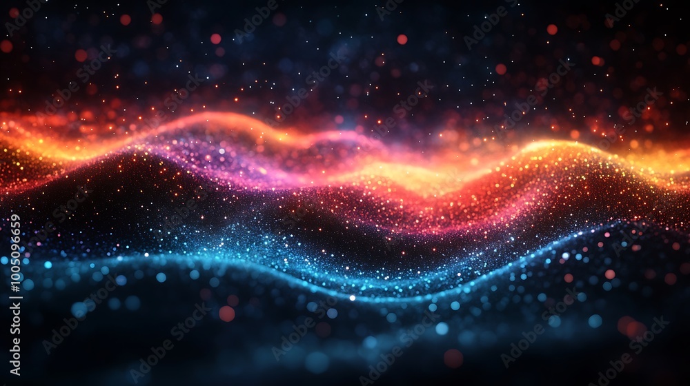Poster abstract background with colorful light waves and particles