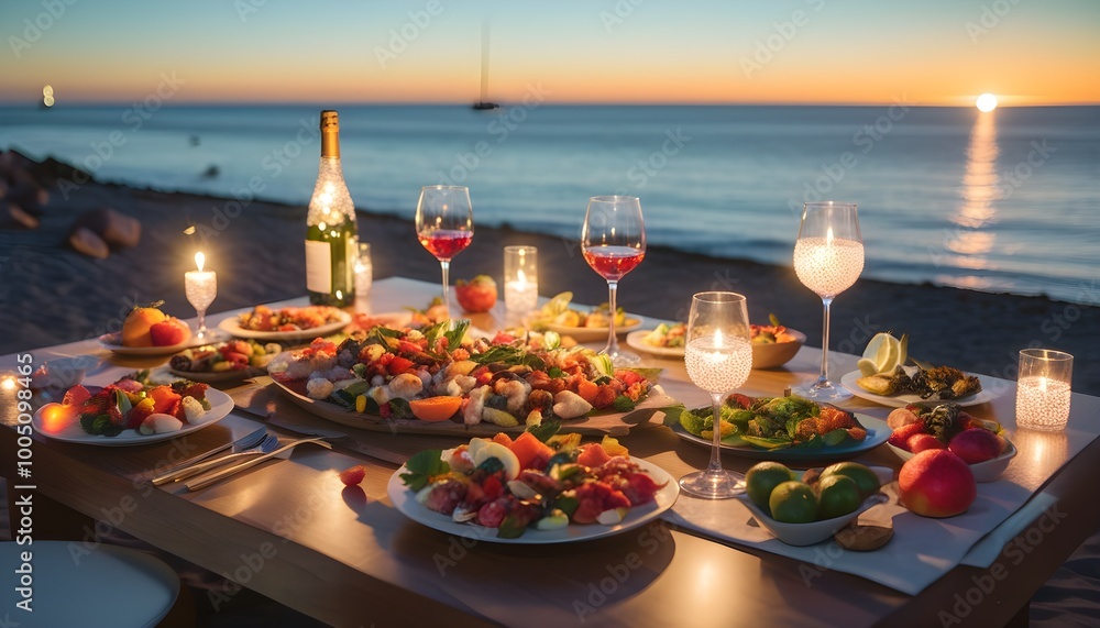 Wall mural Romantic sunset beach dinner showcasing love and affection between a couple