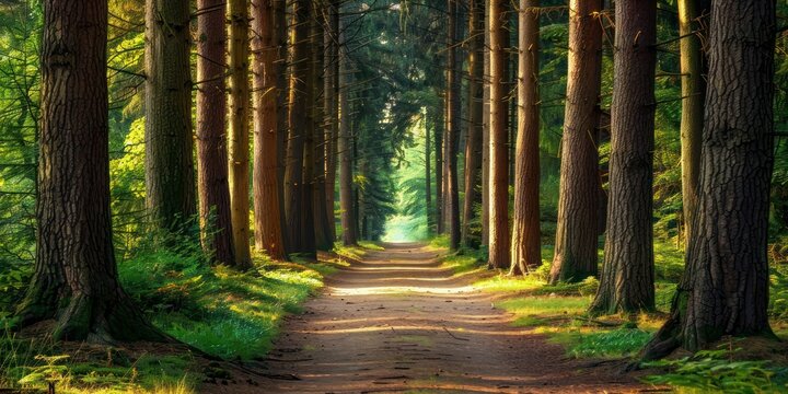 A quiet forest path lined with tall trees and dappled sunlight, leading to a peaceful and secluded spot
