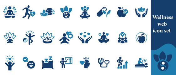 Wellness web icon set. Relaxation, spa, sleep, yoga, health, lifestyle, spiritual practice, meditation, collection. Vector illustration.
