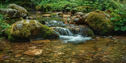 A quiet mountain stream with clear water trickling over smooth stones, surrounded by moss and greenery