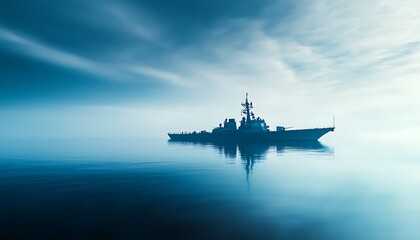 Navy Destroyer at Sea Under a Misty Sky