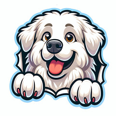 Fototapeta premium Cute kuvasz puppy dog peeking out from a torn hole cartoon illustration clip art element design
