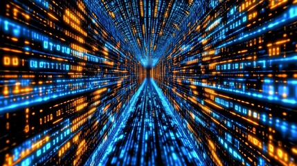 A futuristic and visually stunning portrayal of the overwhelming flood of data in the modern digital age, depicted through a colorful and intricately detailed binary code network.