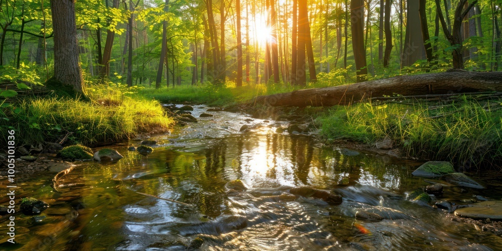 Poster a serene forest clearing with dappled sunlight filtering through the trees and a gentle stream flowi